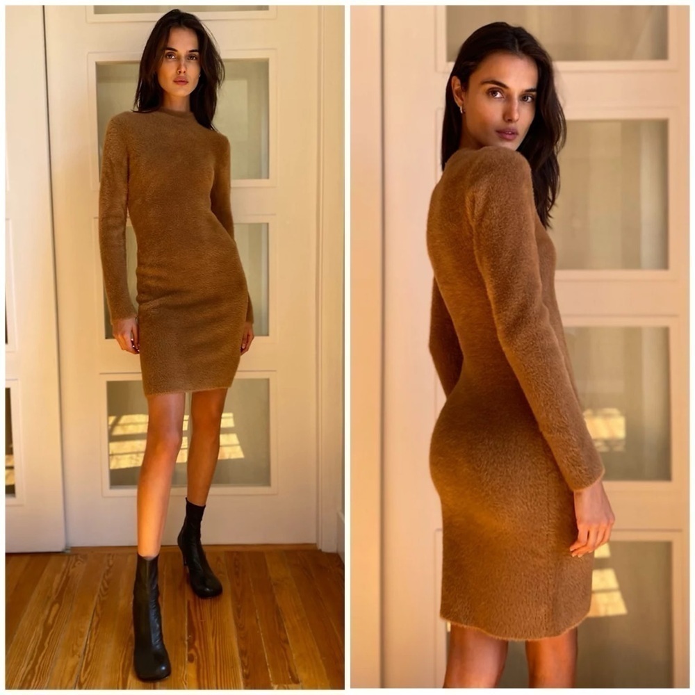Babaton Madison Furry Fuzzy Teddy Sweater Dress Bodycon Camel Brown Sz S